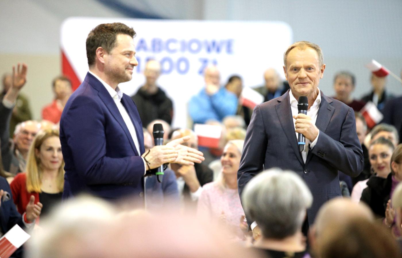 Rafał Trzaskowski i Donald Tusk w Białej-Podlaskiej ogłosili początek kampanii. 17 kwietnia 2023 r.
