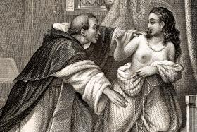 Mnich uwodzący kobietę; ilustracja z XIX w.