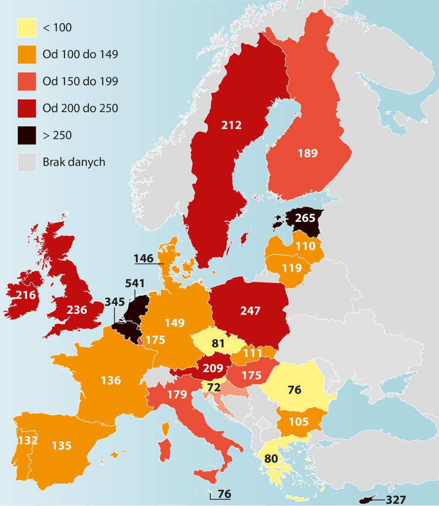 Masa odpadów spożywczych w krajach UE w kilogramach na mieszkańca (dane szacunkowe za 2010 r.). Źródło: STOA European Parliament 2013.