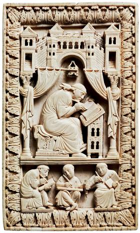 Grzegorz Wielki i benedyktyńscy skrybowie; płaskorzeźba w kości słoniowej, X w.