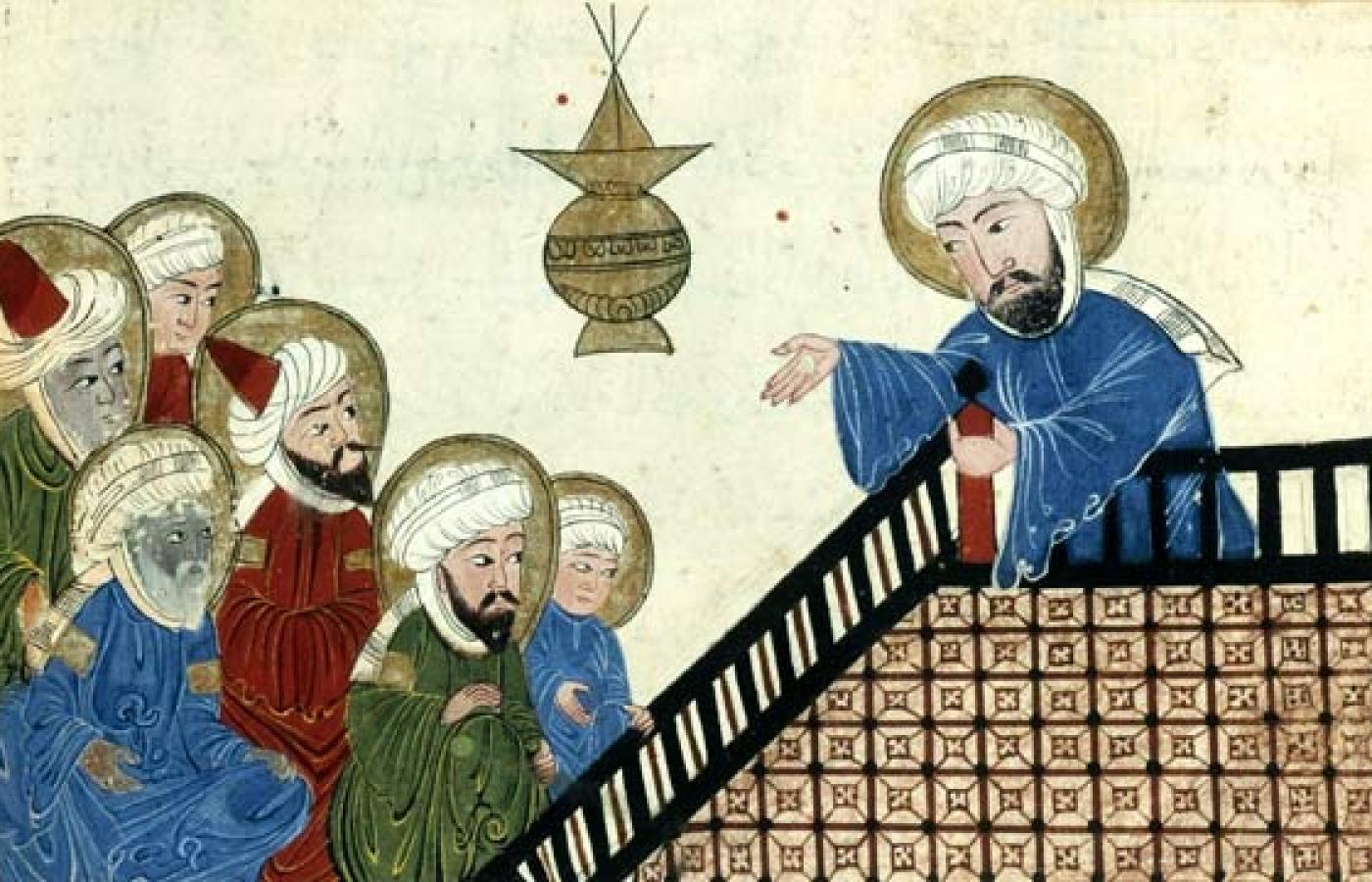 Ilustracja przedstawiająca nauczającego Mahometa z XVII w., kopia wykonanej w manuskrypcie z XIV w.