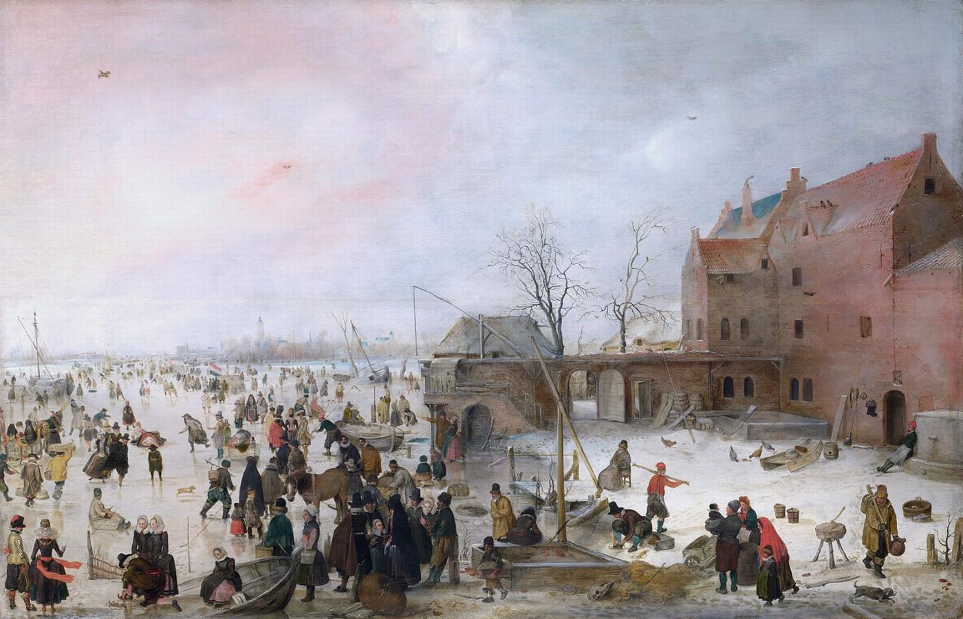 Hendric Avercamp. Scena na lodzie pod miastem. 1610 r.