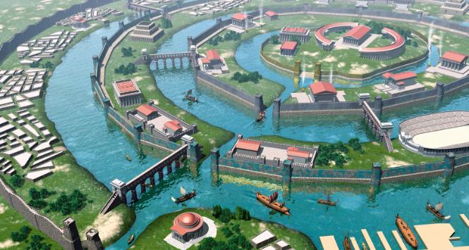 Artystyczna wizja mitycznej Atlantydy, inspirowana opisem Platona, który umiejscowił wyspę za Słupami Heraklesa, czyli za Cieśniną Gibraltarską.