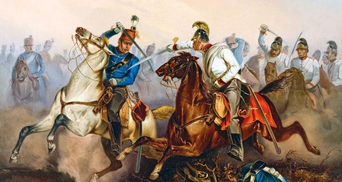 Starcie między węgierskimi huzarami i austriackimi dragonami podczas wojny o niepodległość Węgier w 1849 r.; obraz Antonina Zimmera z 1854 r.