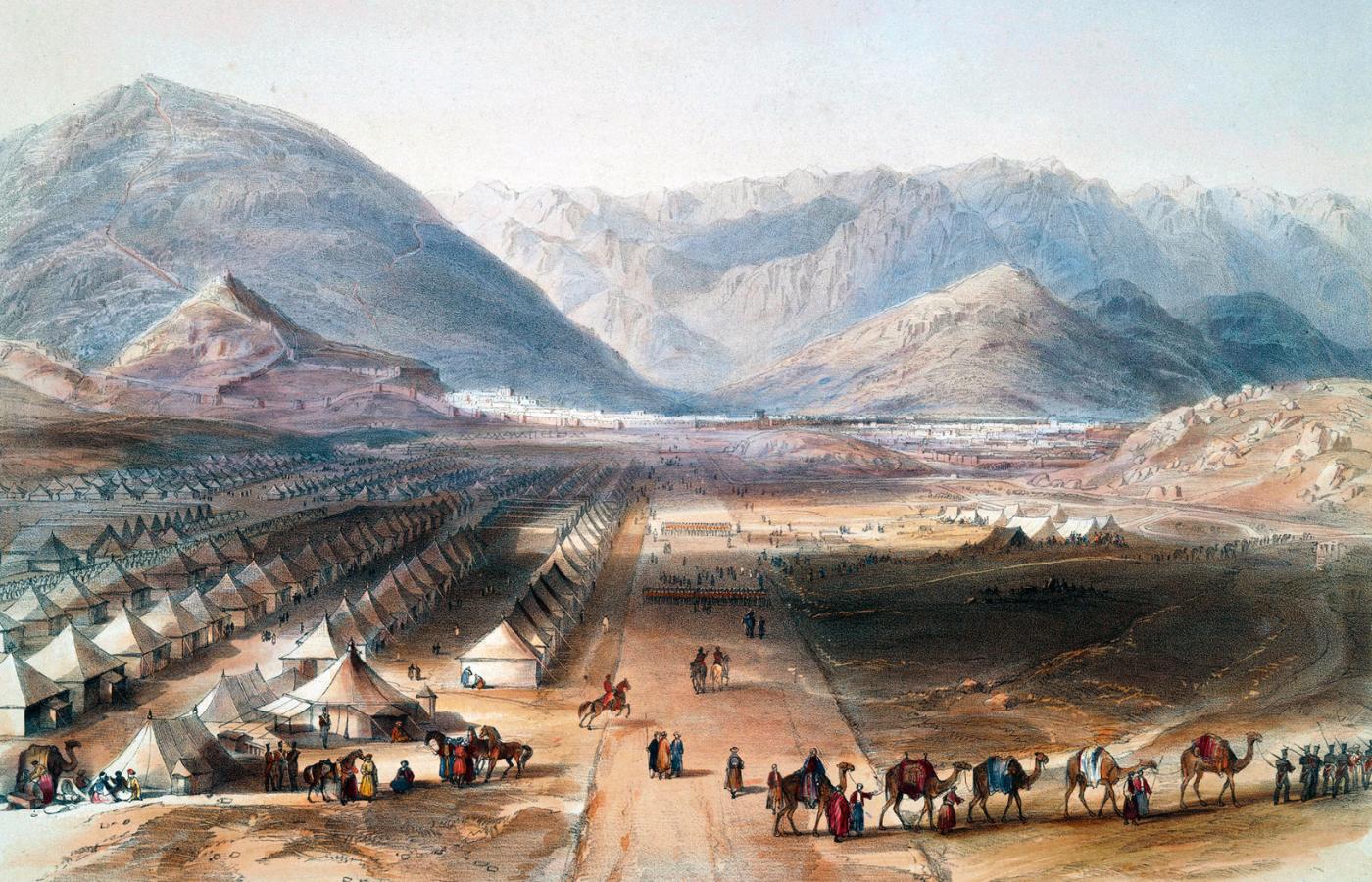 Ewakuacja wojsk brytyjskich z obozowiska w pobliżu Kabulu (1842); litografia z XIX w.