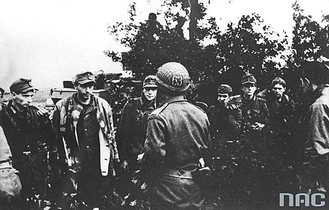 Tysiące Niemców poddały się. Jeńcy, znajdując się w centrum polskich pozycji na oblężonym wzgórzu, byli pod ogniem hitlerowców, tak jak obrońcy. Polski oficer kieruje grupą jeńców niedaleko Falaise, po bitwie.