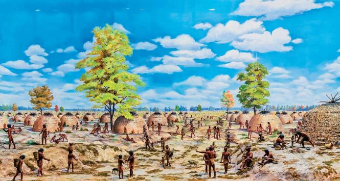 Poverty Point – struktura „urbanistyczna” na terenach dzisiejszej Louisiany – 1600 lat p.n.e. była punktem zbornym plemion z okolicy (wizualizacja).
