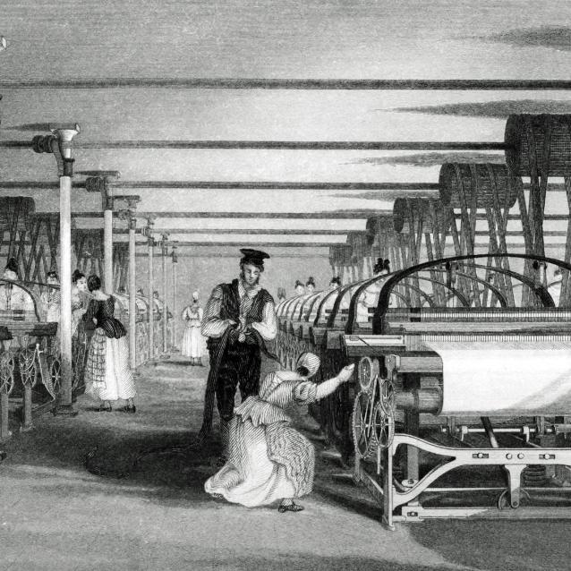 Tkalnia z mechanicznymi krosnami, rok 1835.