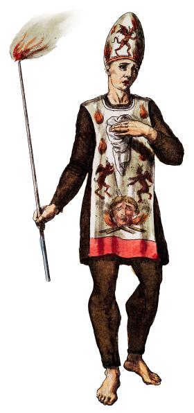 Strój hańby heretyka recydywisty; ilustracja z XVIII w.