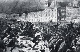 Kozacy pacyfikują demonstrację Polaków na placu Zamkowym w Warszawie w 1905 r.; pocztówka okolicznościowa.