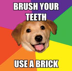 Jedna z absurdalnych rad Advice Doga: „Do mycia zębów użyj cegły”.