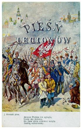 „Pieśń Legionów” jako motyw pocztówki (z ilustracją Juliusza Kossaka) z początku XX w.