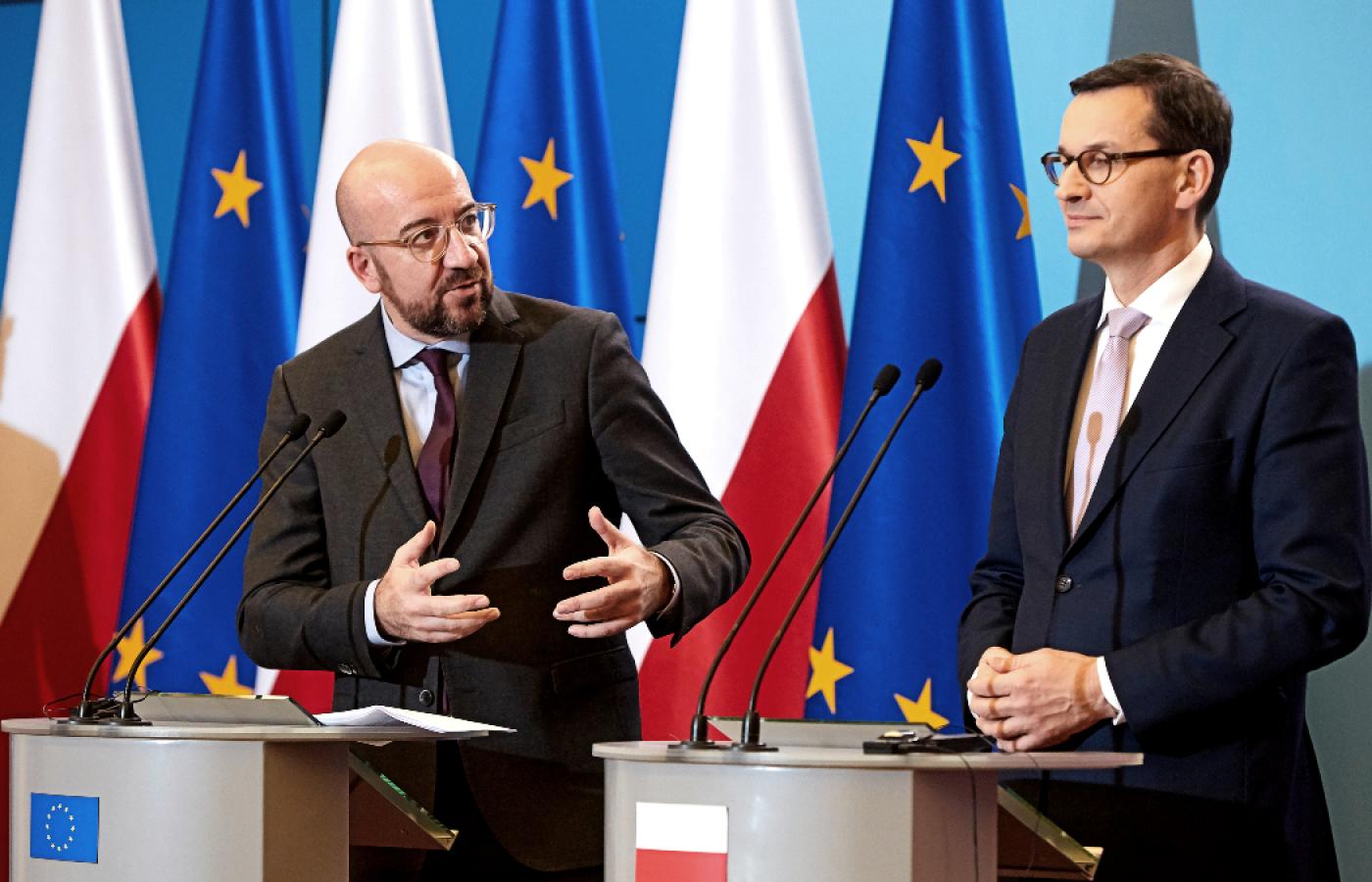 Szef Rady Europejskiej Charles Michel i premier Mateusz Morawiecki. 26 listopada 2019 r.