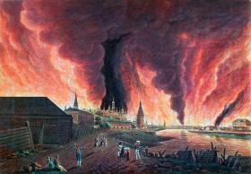 „Pożar Moskwy”, grafika kolorowana z epoki.