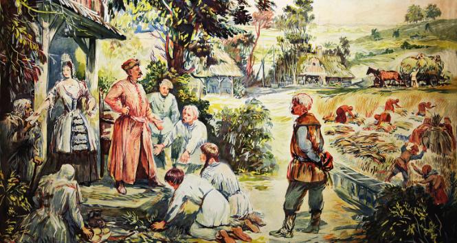 Pańszczyzna i wyzysk chłopów przez panów; ilustracja szkolna, 1955 r.