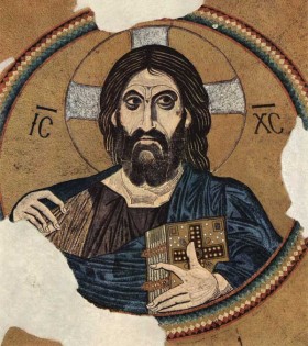 Wizerunek Chrystusa z kopuły kościoła klasztoru w Dafni (Grecja). Źródło: Wikipedia