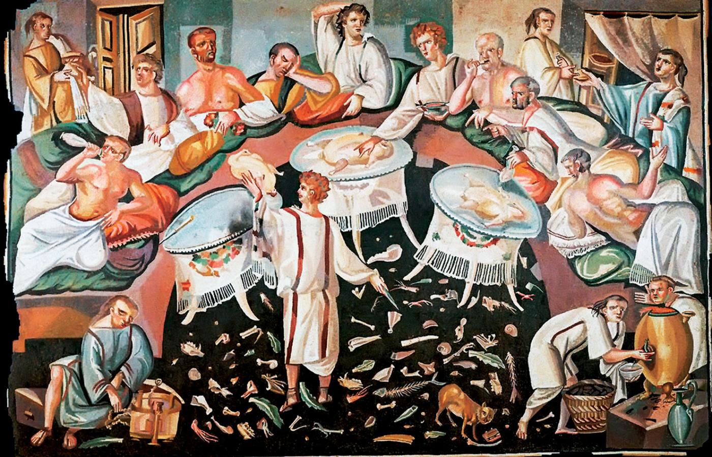 Resztki jedzenia rozrzucone wokół biesiadnych stołów, fragment mozaiki z Akwilei, V w.n.e.