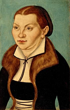 Katarzyna von Bora jako żona Marcina Lutra, na portrecie Lucasa Cranacha (Starszego).