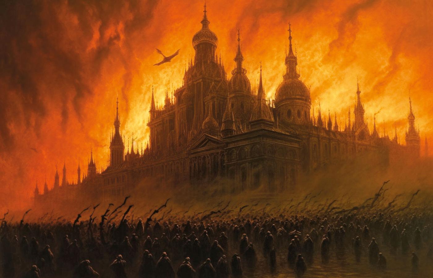 Jeden z serii 30 obrazów zatytułowanych „Kreml płonie”. Ten w stylu Beksińskiego.