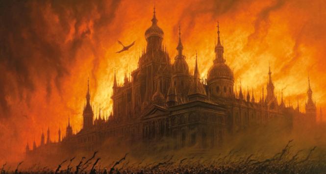 Jeden z serii 30 obrazów zatytułowanych „Kreml płonie”. Ten w stylu Beksińskiego.