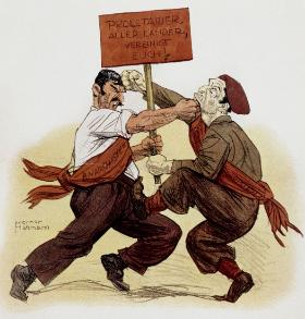 Hiszpański anarchista republikanin walczy z sowieckim komunistą o transparent „Proletariusze wszystkich krajów, łączcie się!”. Niemiecka satyra z 1937 r.