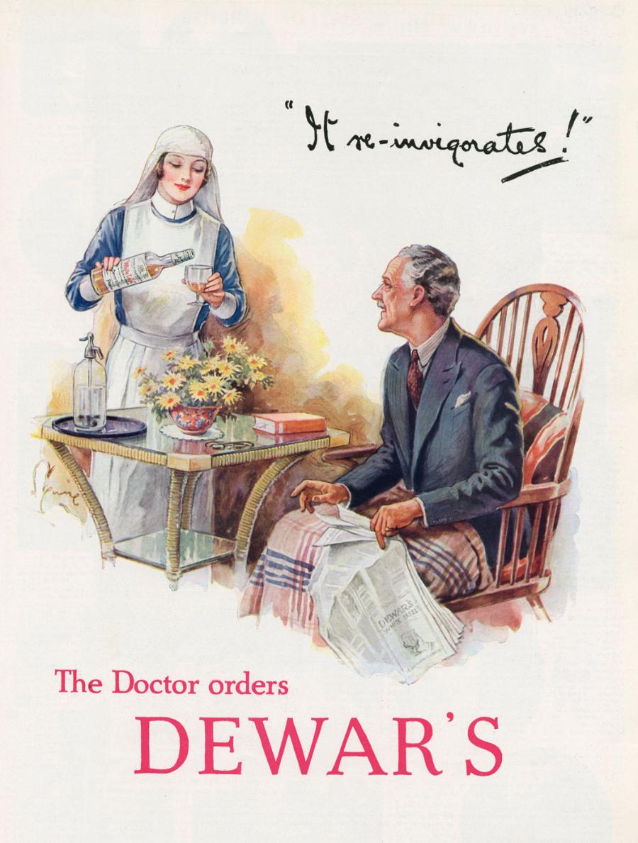 „«To ożywia» – lekarz przepisuje whisky Dewar’s” – reklama z czasów prohibicji (1933 r.).