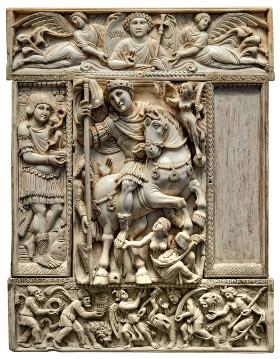 Triumfujący imperator (najczęściej kojarzony z Justynianem I); rzeźba w kości słoniowej, VI w.