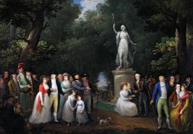 Alegoryczny obraz zwolenników Konstytucji 3 maja autorstwa Kazimierza Wojniakowskiego
z 1795 r. Postaci, w tym znany lekarz Leopold Lafontaine, stoją wokół posągu Wolności.
