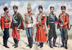 Wojskowe wcielenia cara Mikołaja II, francuska grafika z pocz. XX w.