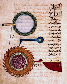 Miniatura z traktatu o działaniu urządzeń mechanicznych Al-Dżazariego. Kairska kopia z okresu Sułtanatu Mameluków.