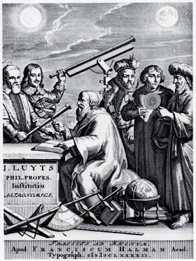 Pionierzy astronomii – od lewej: Galileusz (Galileo Galilei), Jan Heweliusz, Arystoteles, Tycho Brahe, Mikołaj Kopernik i Klaudiusz Ptolemeusz, sztych z 1692 r.