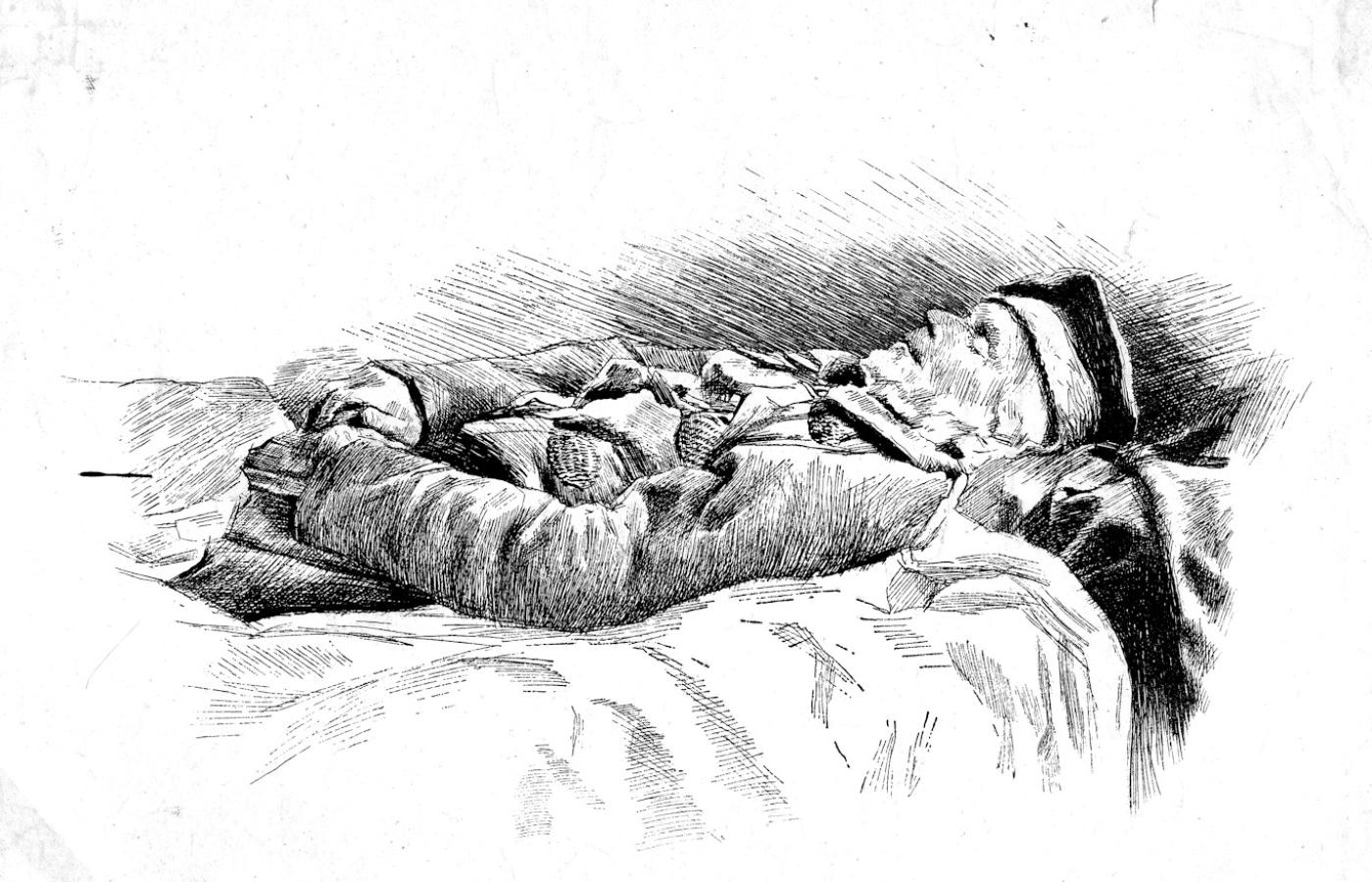 Wł. Podkowiński „Adam Mickiewicz na łożu śmierci” . Rysunek sprzed 1895 r. z dagerotypu wykonanego przez nieznanego autora w Stambule w 1855 r.