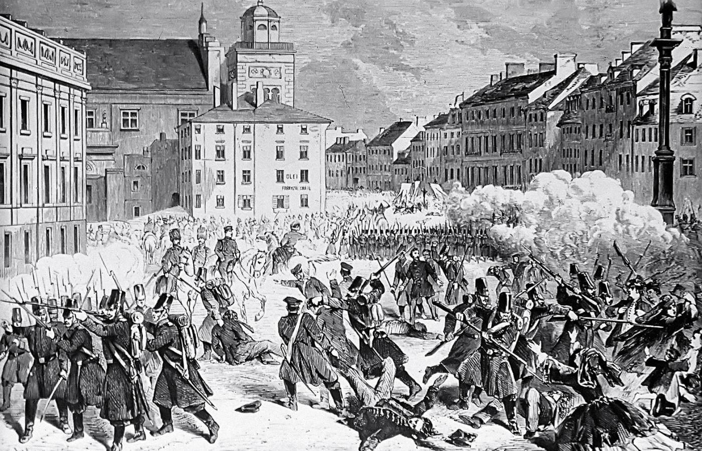 Rozpędzenie demonstracji na placu Zamkowym 8 kwietnia 1861 r.; rysunek z epoki.