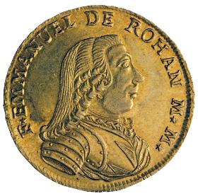 Złota moneta z 1778 r. z wizerunkiem wielkiego mistrza joannitów Emmanuela de Rohana.