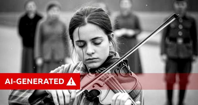 Grafika wygenerowana przez AI udająca fotografię skrzypaczki z Auschwitz