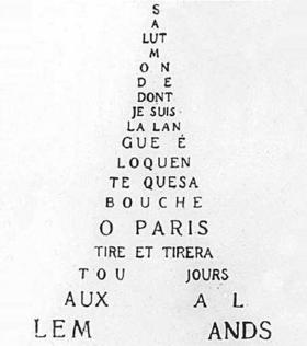 Carmina figurata, czyli wiersze-obrazki. Wiersz Apollinaire'a układający się w wieżę Eiffla.