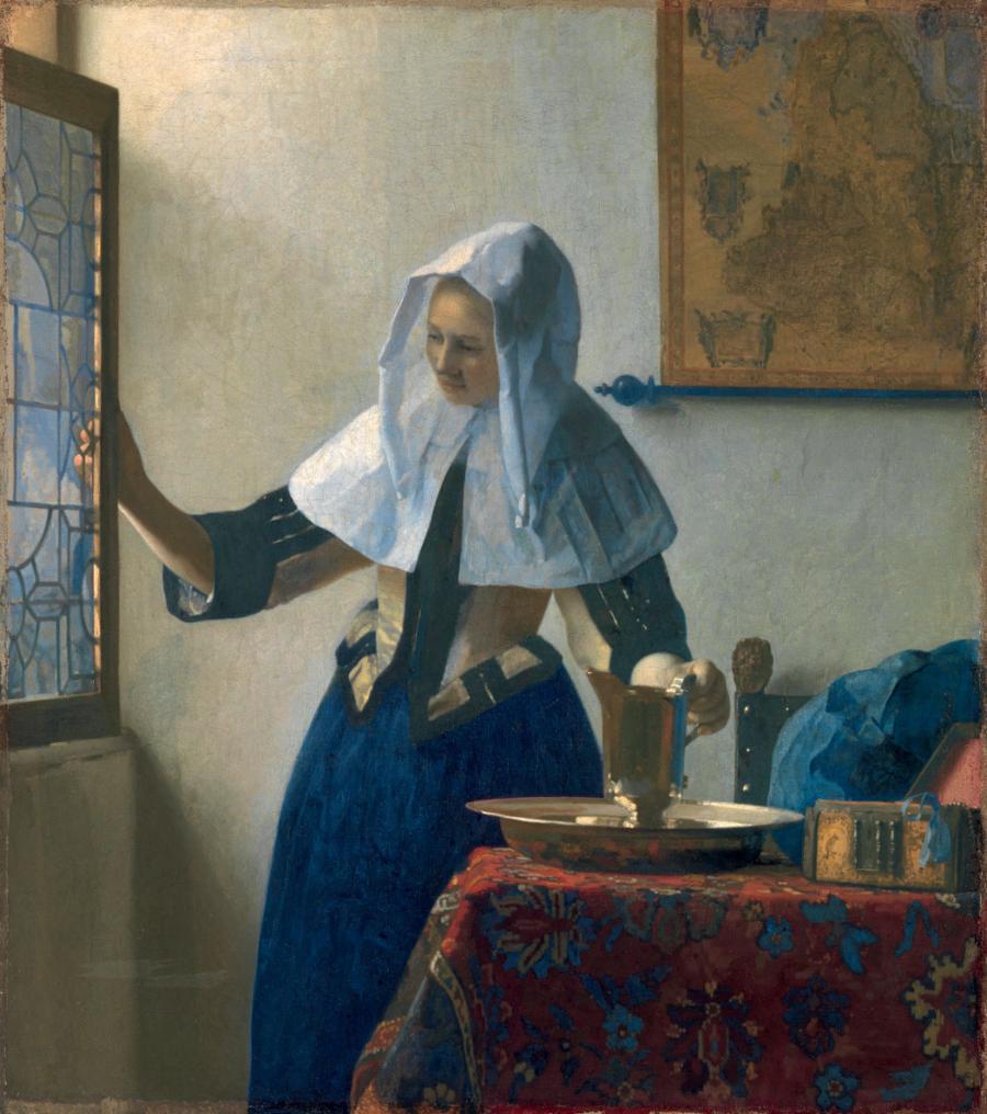 Jan Vermeer „Młoda ­kobieta z ­dzbanem wody” (1660– 1662). Niebieska barwa to droga naturalna ultramaryna (lapis lazuli).