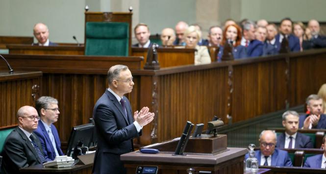 Prezydent Andrzej Duda w czasie inauguracji dziesiątej kadencji Sejmu, 13 listopada 2023 r.