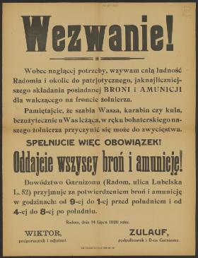 Radom, 14 lipca 1920 r. Ulotka z apelem do mieszkańców. Ze zbiorów Biblioteki Narodowej
