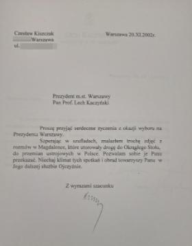 List Czesława Kiszczaka do Lecha Kaczyńskiego