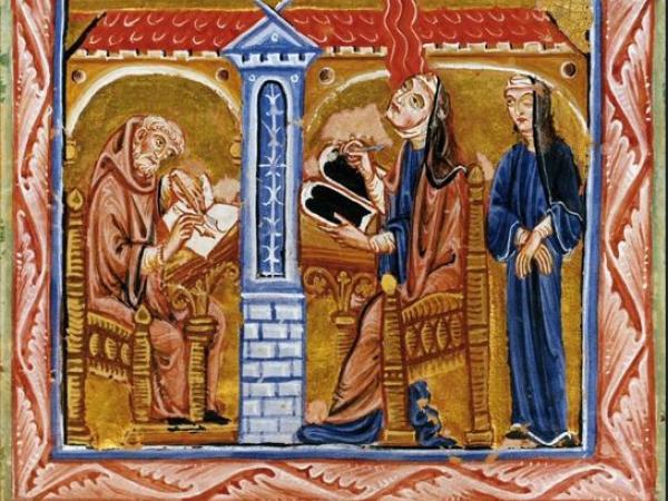 Miniatura przedstawia św. Hildegardę z Bingen (1098–1179) doświadczającą wizji boskiej, spisywanej pod dyktando przez mnicha Volmara oraz obserwowanej przez jej powiernicę Richardis von Stade.