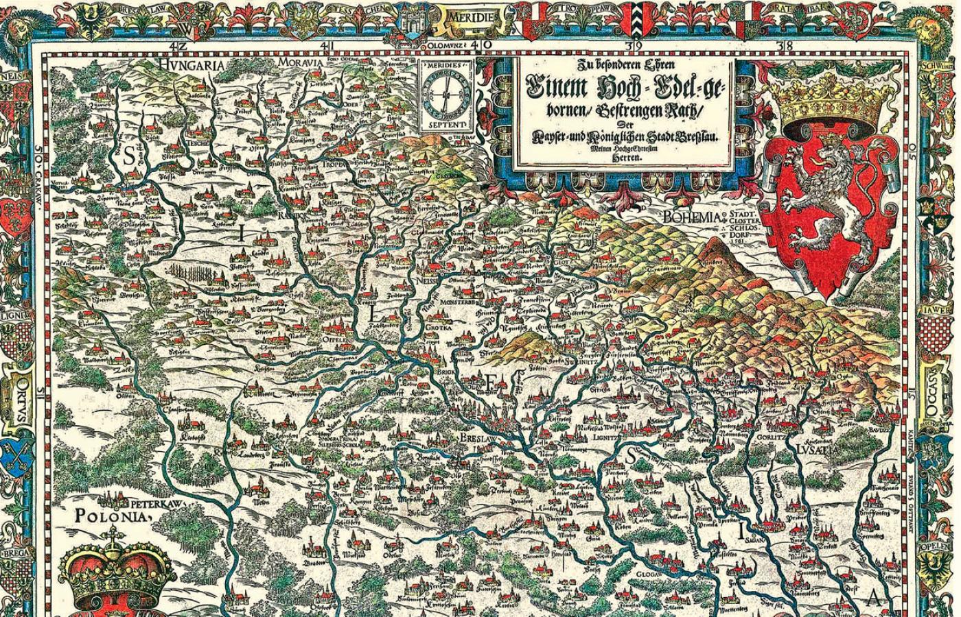 „Tabula geographica sive mappa Silesiae”, pierwsza nowoczesna mapa Śląska, autorstwa Martina Helwiga, wydana w 1561 r. (Jest zorientowana na południe, stąd Sudety u góry; łatwiej zrozumieć źródło nazw Górny i Dolny Śląsk).