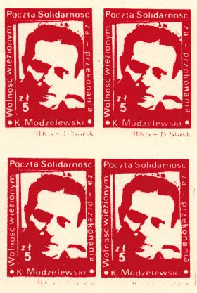 Znaczek podziemnej Poczty Solidarność z podobizną Karola Modzelewskiego.