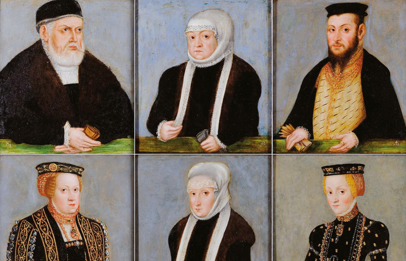 Łukasz Cranach Młodszy, „Miniaturowe Portrety Jagiellonów”, ok. 1555–56. Habsburżanki, żony króla Zygmunta II Augusta: Elżbieta Austriaczka (w górnym rzędzie od lewej czwarta), Katarzyna Austriaczka (w dolnym rzędzie pierwsza z lewej).