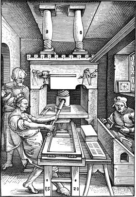 Drukarze przy pracy na rycinie z 1520 r. To oni zapewniali reformacji rozmach, im zaś reformacja zapewniała zlecenia.