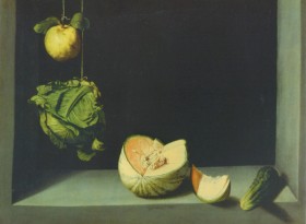 Juan Sanchez Cotán, 'Martwa natura z pigwą, kapustą, melonem i ogórkiem', 1602 r