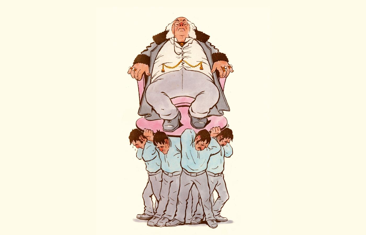 Kapitalistyczny szef noszony na plecach swoich robotników – satyra z 1890 r.