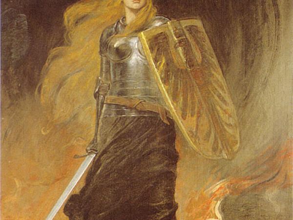 Alegoria Germanii w pozie wojowniczej. Miesiąc po wybuchu I wojny światowej namalował Friedrich August von Kaulbach