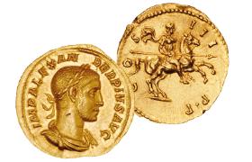 Złote rzymskie monety z wizerunkami cesarzy Hadriana i Marka Aureliusza.