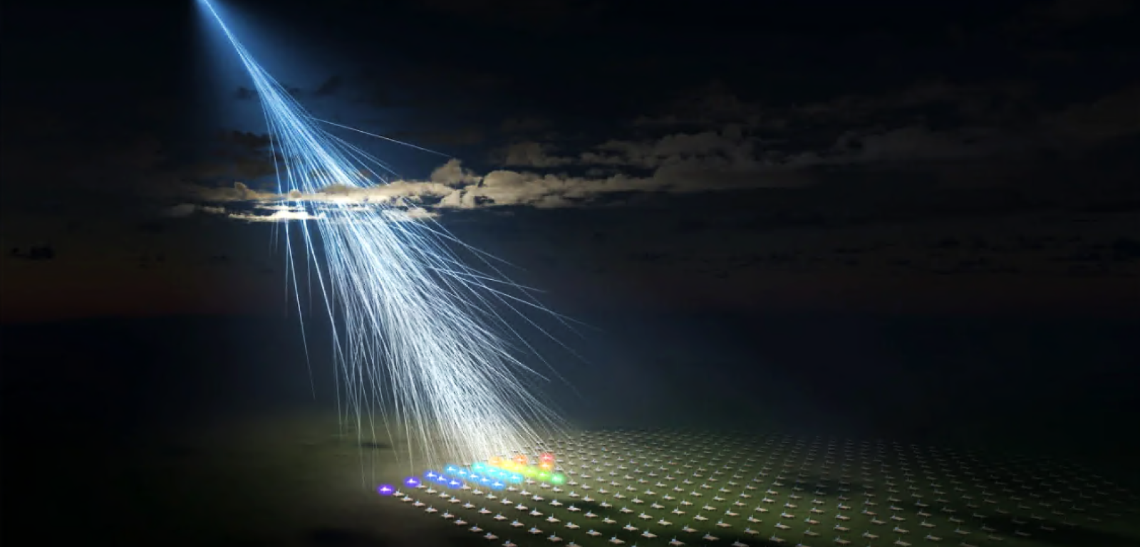 Artystyczna wizja niezwykle energetycznego promienia kosmicznego obserwowanego w ramach Telescope Array Collaboration./